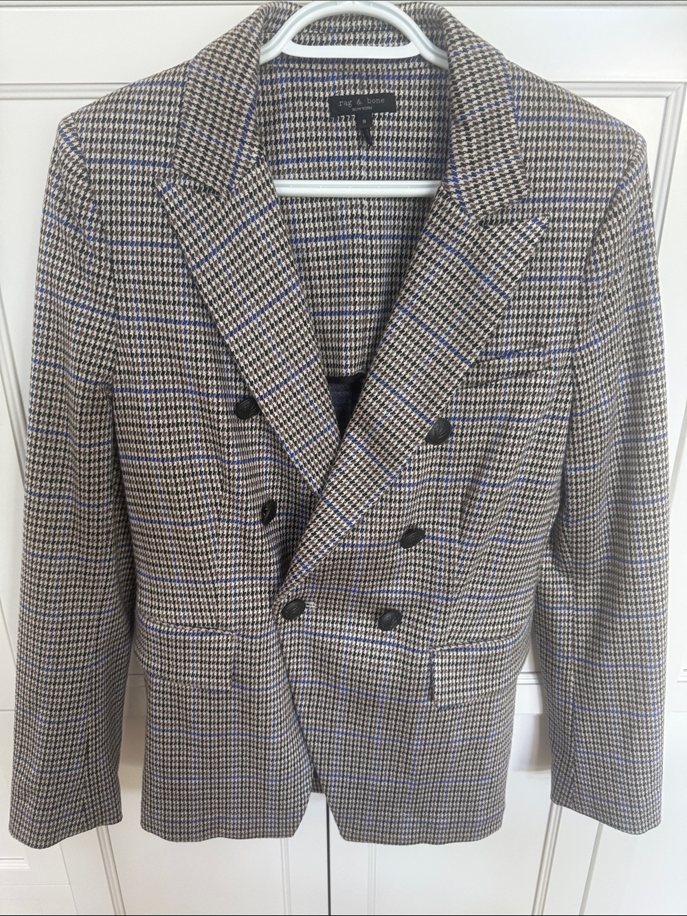 Rag & Bone Double-Breasted Houndstooth Blazer in Black/Brown/Blue